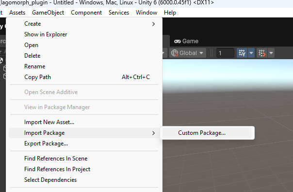 Unity package import dialog